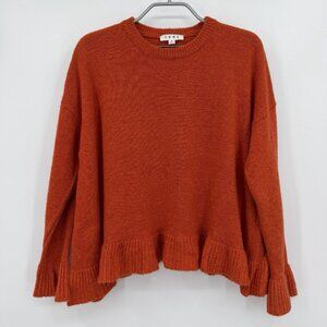 THML Wool Blend Orange Ruffle Crew Neck Sweater Size M Medium Shark Bite Hem